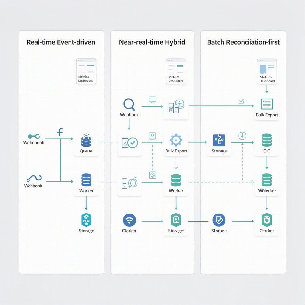 Diagrama conceitual com três estratégias de processamento fiscal: tempo real, híbrido e batch
