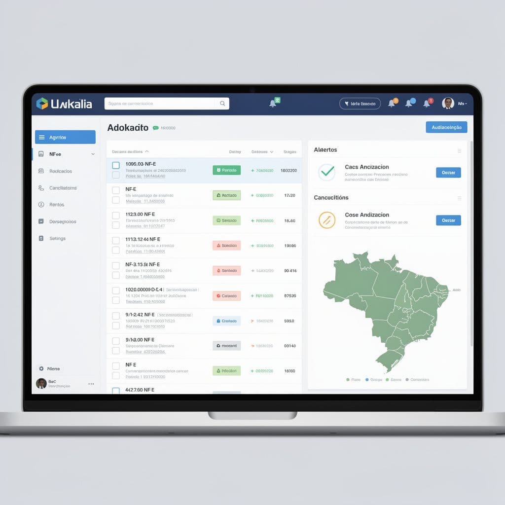 Painel de controle fiscal com alertas, eventos de NF-e e indicadores de auditoria