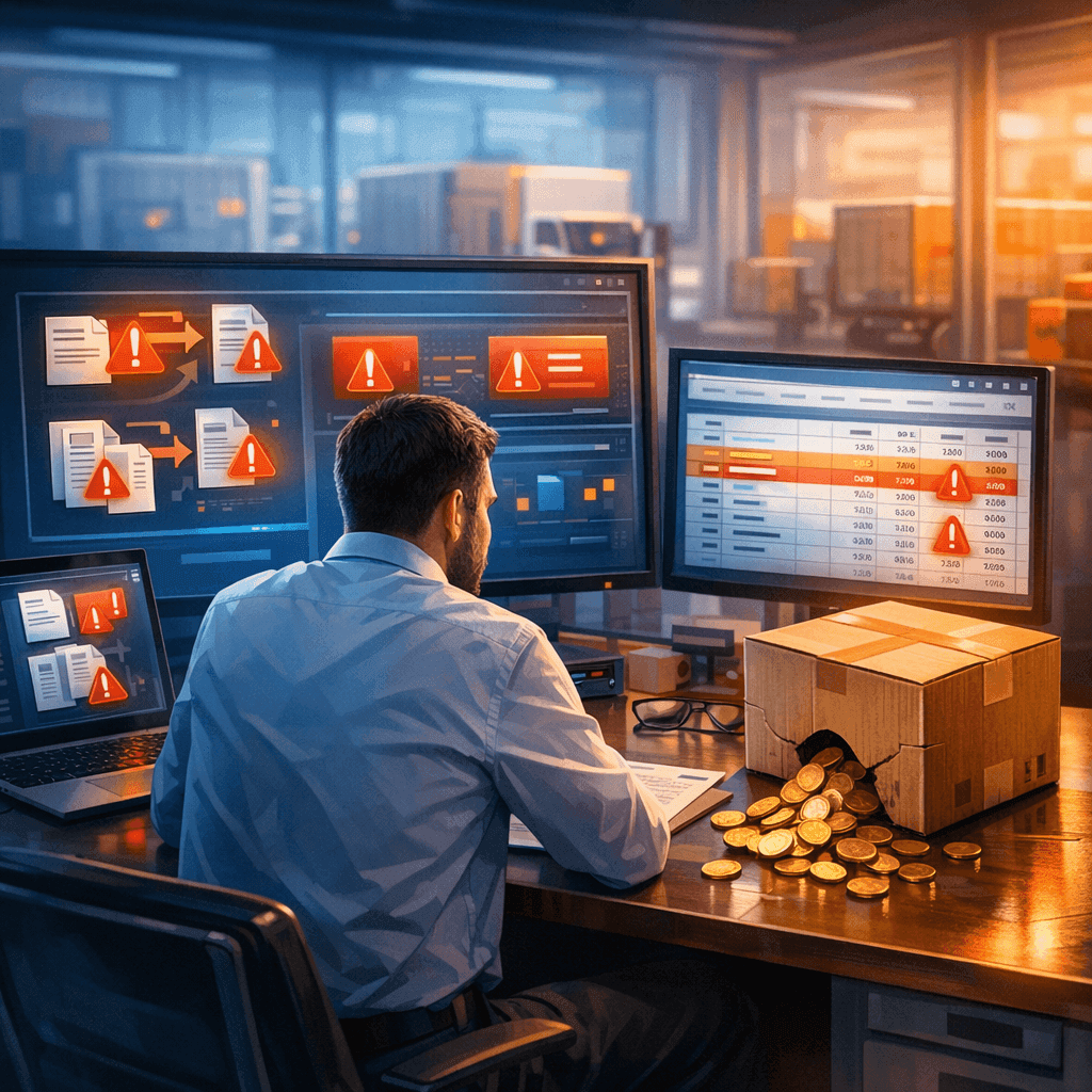 Gestor financeiro analisando alertas de CT-e duplicada e vazamentos de caixa em dashboard logístico.