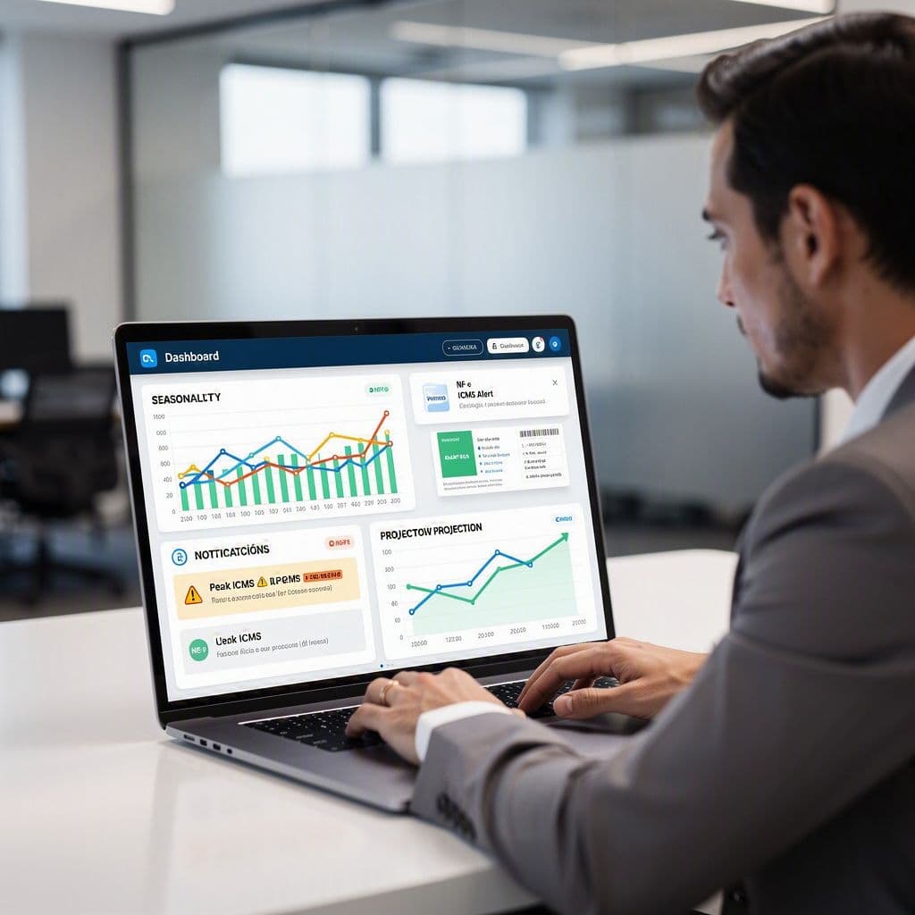 Gestor financeiro analisando previsão de pico fiscal e fluxo de caixa por filiais em dashboard