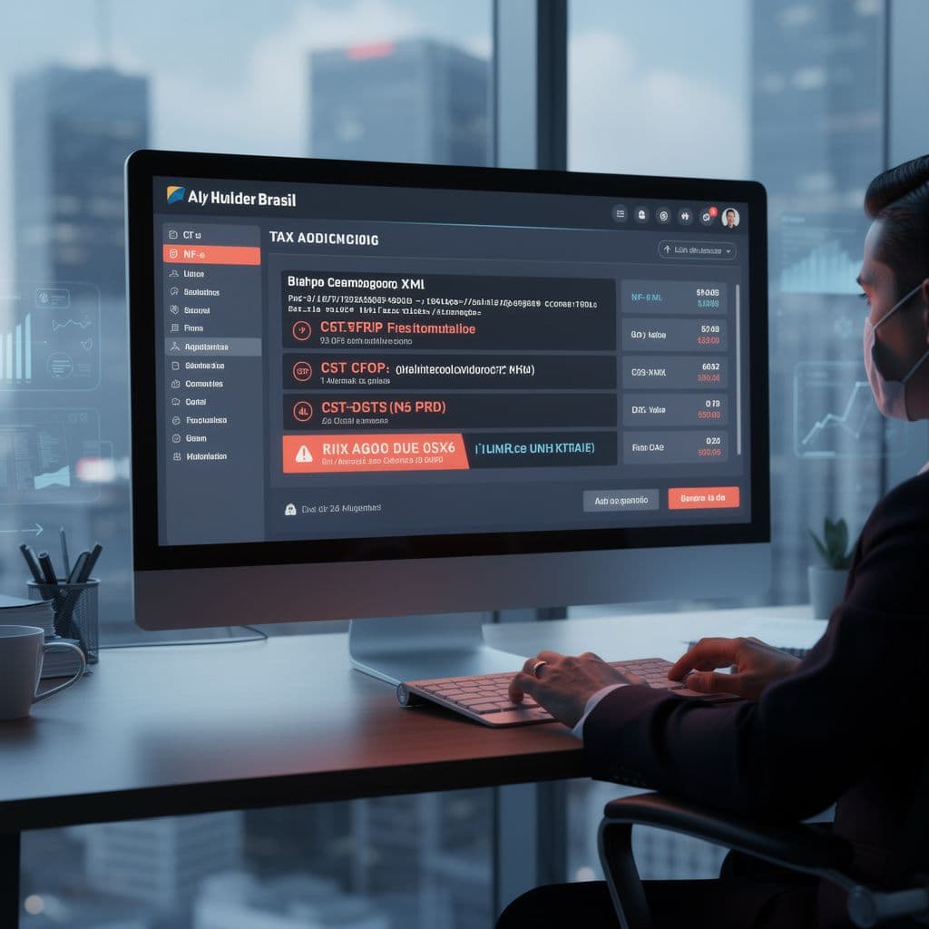 Painel de auditoria fiscal analisando NF-e com alertas de risco