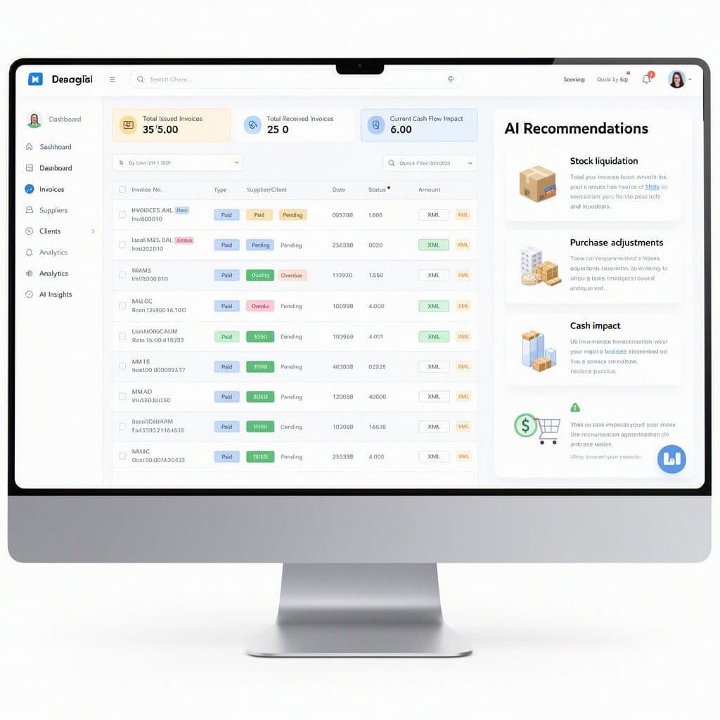 Tela de plataforma centralizando notas fiscais e insights financeiros de estoque
