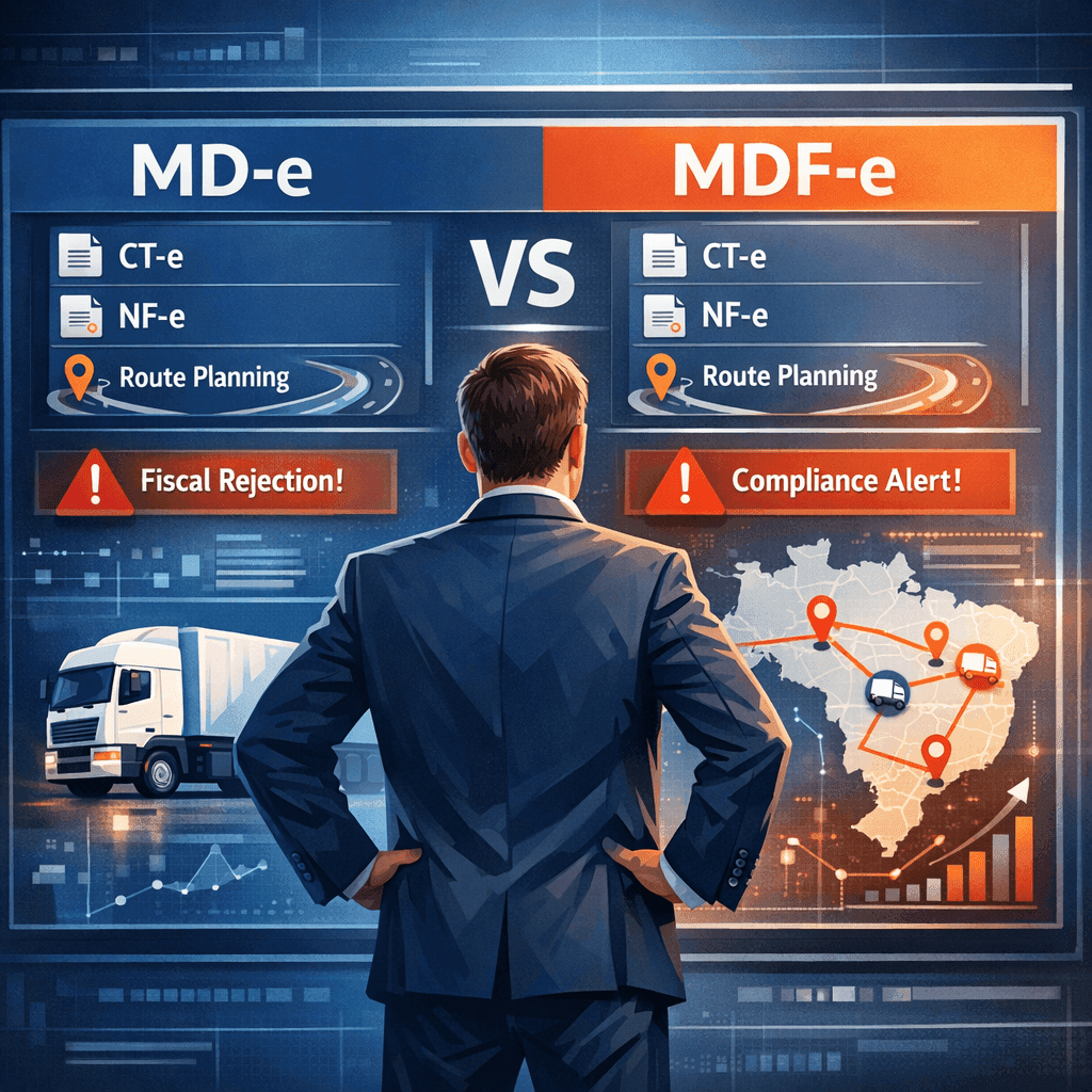 Gestor logístico comparando MD-e e MDF-e em painel com documentos fiscais e alertas operacionais.