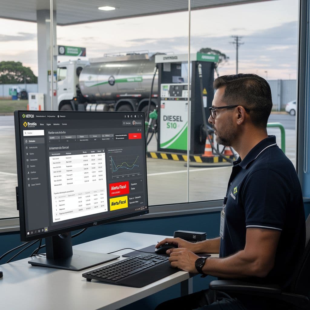 Gestor de posto analisando NF-e de combustíveis em dashboard para evitar perdas de caixa