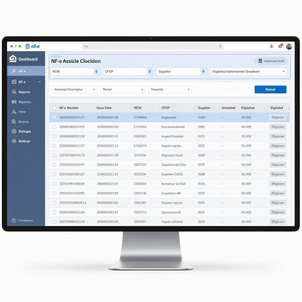 Dashboard com busca histórica de NF-e e filtros de elegibilidade fiscal