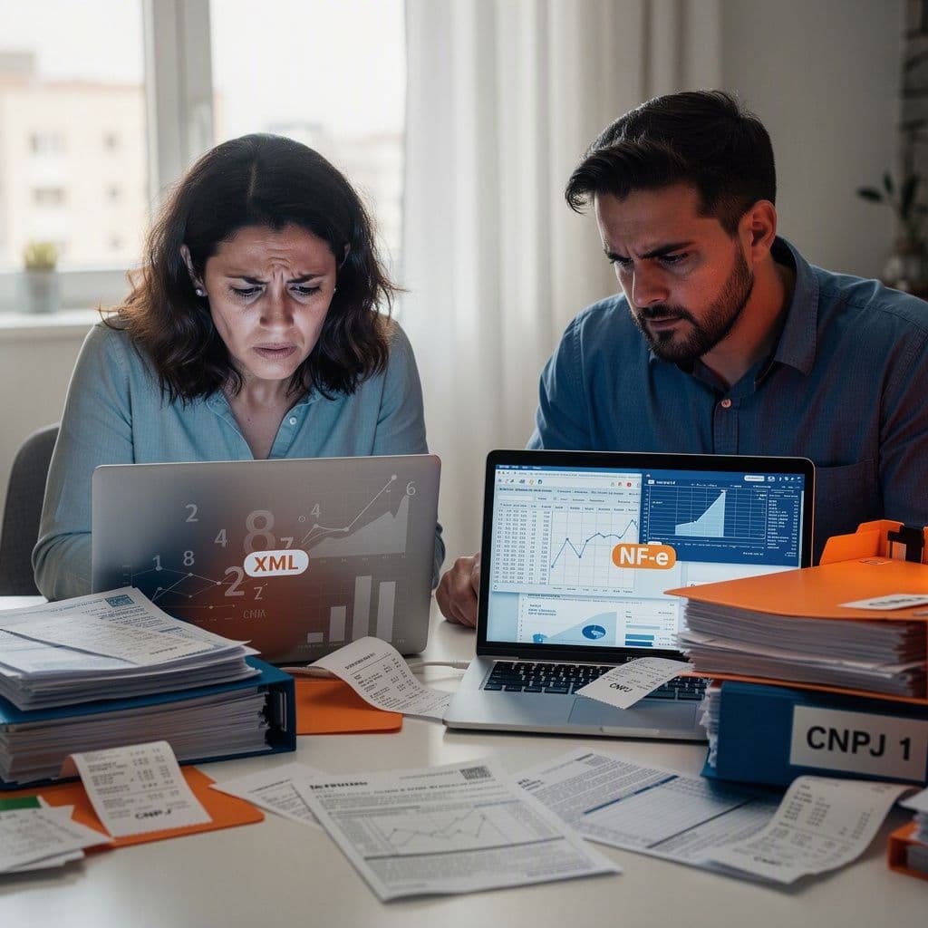 Casal empreendedor organizando XMLs de dois CNPJs para evitar problemas na declaração conjunta