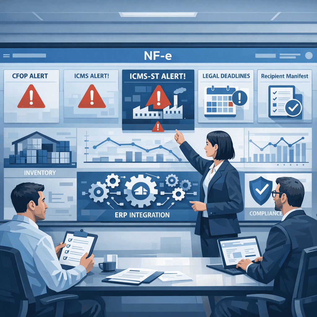Equipe fiscal analisando NF-e e manifesto do destinatário em painel digital com alertas de risco