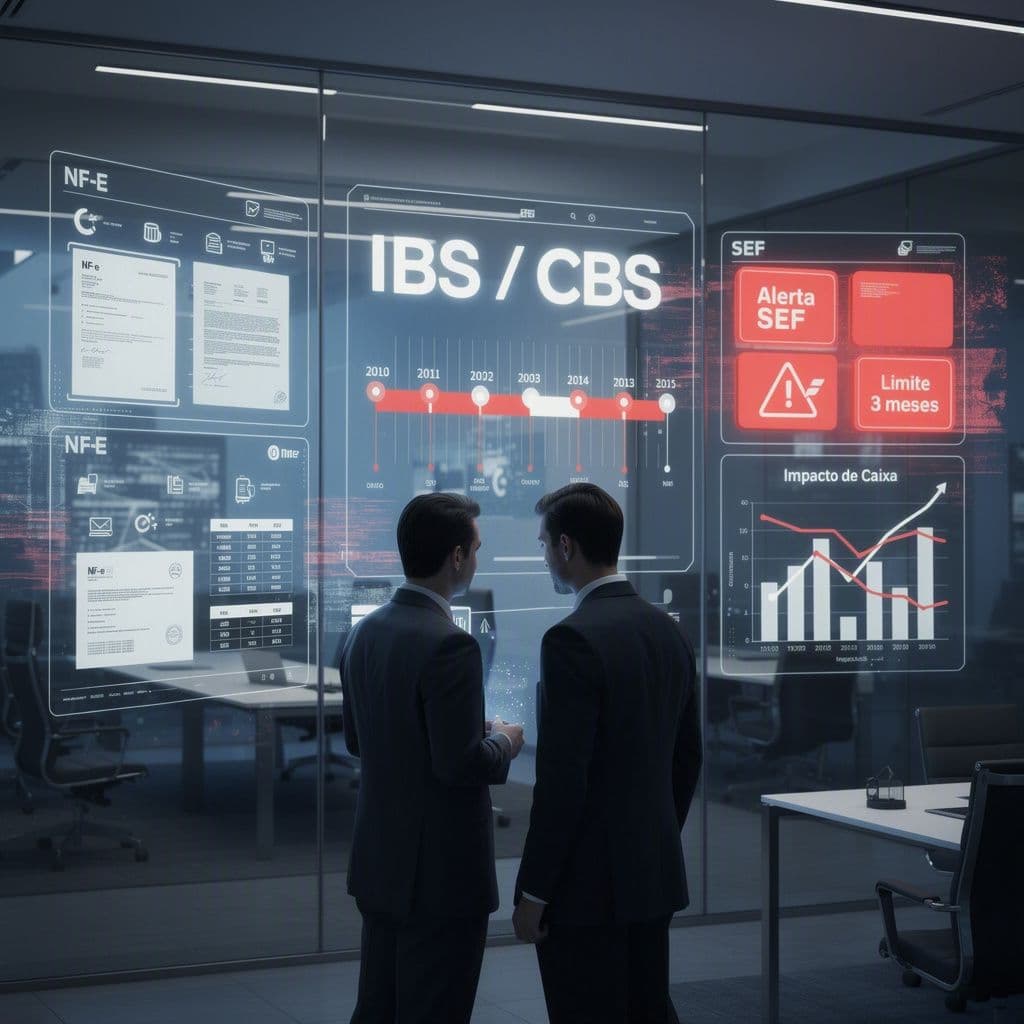Controller e diretor fiscal analisando histórico de NF-e e impacto inicial do IBS na Reforma Tributária