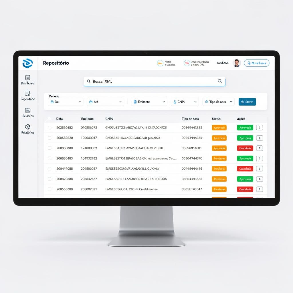 Dashboard de repositório fiscal com filtros por período, emitente e tipo de documento