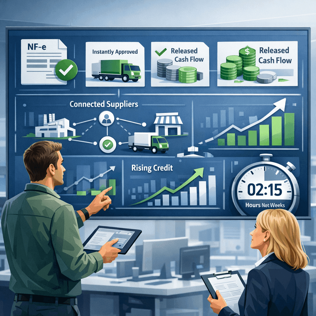 Gestores analisando dashboard de DF-e instantâneo liberando crédito e caixa na cadeia de suprimentos