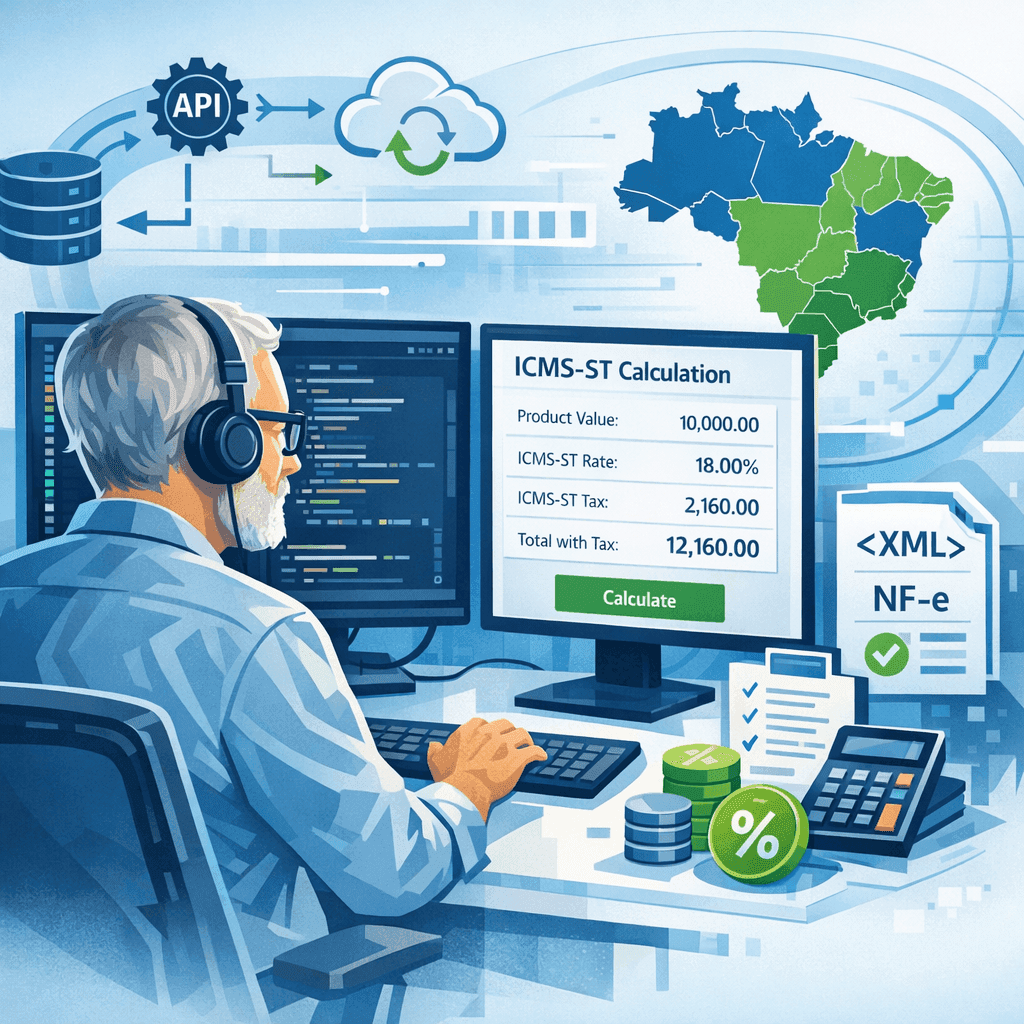 Desenvolvedor integrando API para cálculo automático de ICMS-ST em sistema ERP