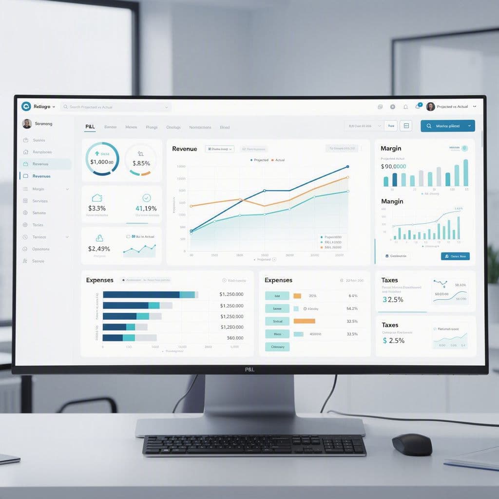Dashboard de DRE projetada versus real com indicadores de margem e impostos