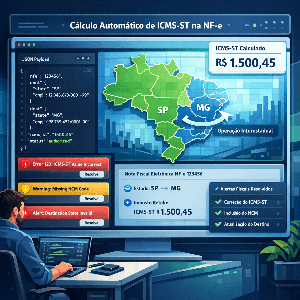 Dashboard de API fiscal calculando ICMS-ST automático em NF-e interestadual