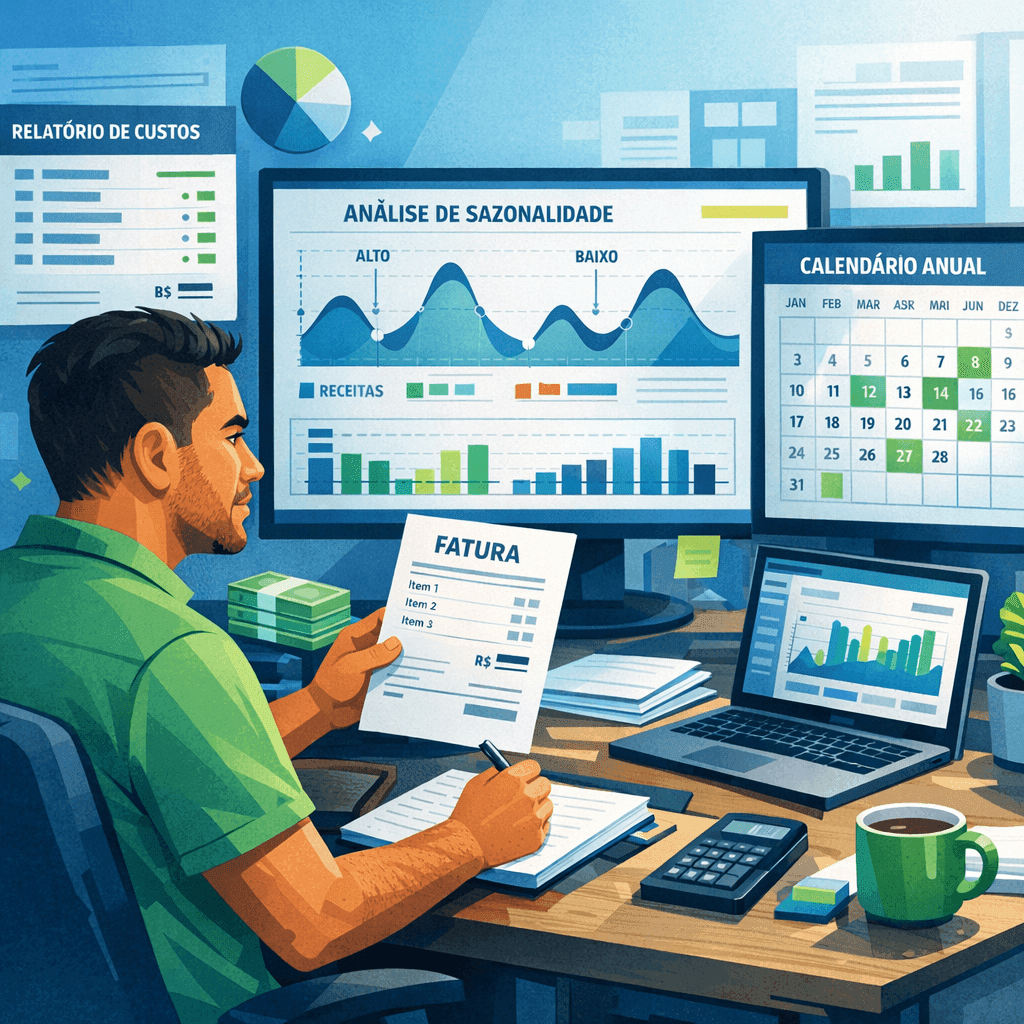 Empresário analisando notas fiscais e gráficos sazonais para planejar custos e investimentos