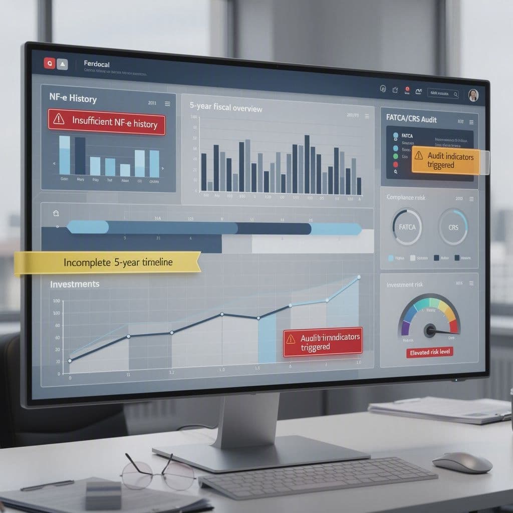 Dashboard fiscal com alerta de falta de histórico e auditoria internacional em andamento