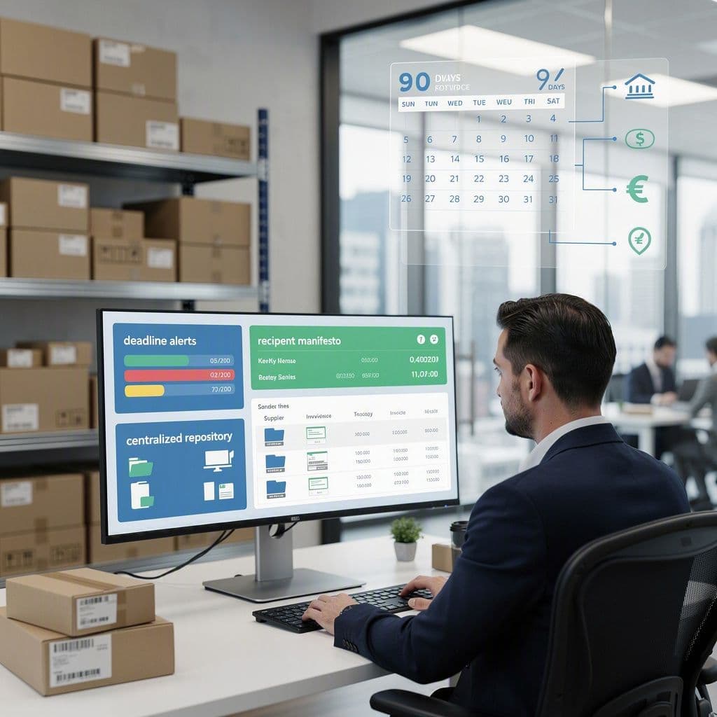 Gestor de compras analisando notas fiscais de fornecedores em painel centralizado com alertas de prazo e manifesto.