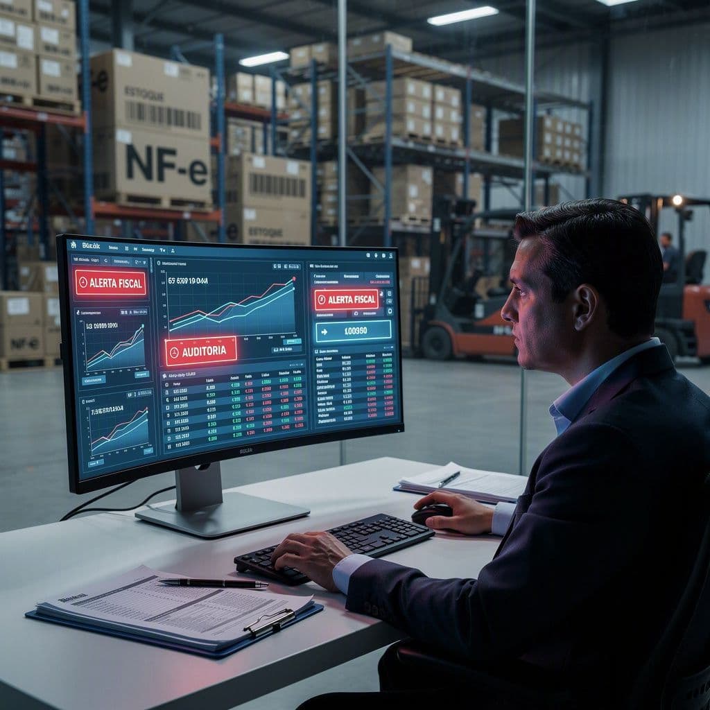 Controller fiscal em indústria analisando divergências entre estoque e NF-e com alerta de auditoria