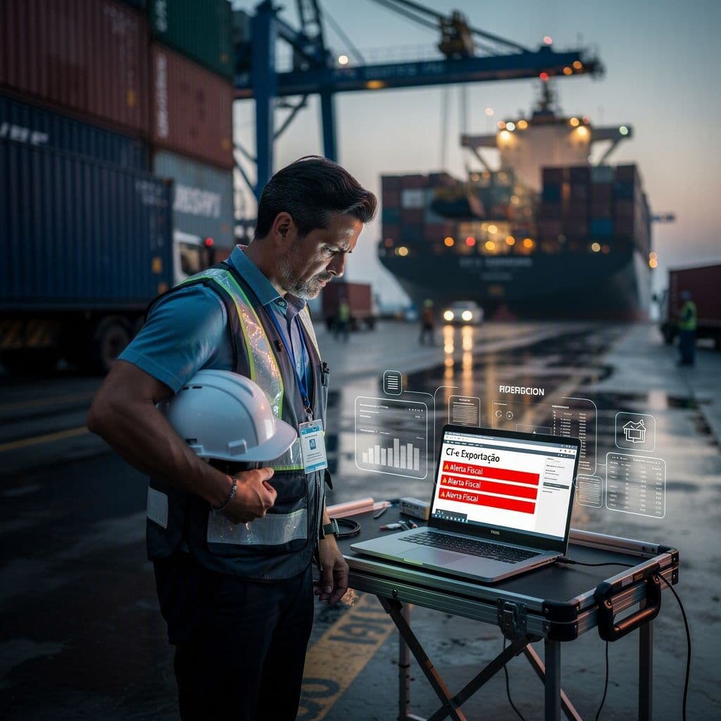 Gestor logístico analisando CT-e de exportação com carga parada no porto