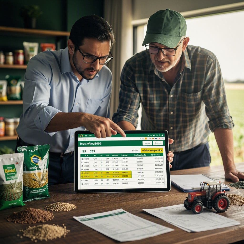 Produtor rural e contador analisando créditos de IBS e CBS sobre compras de insumos agro