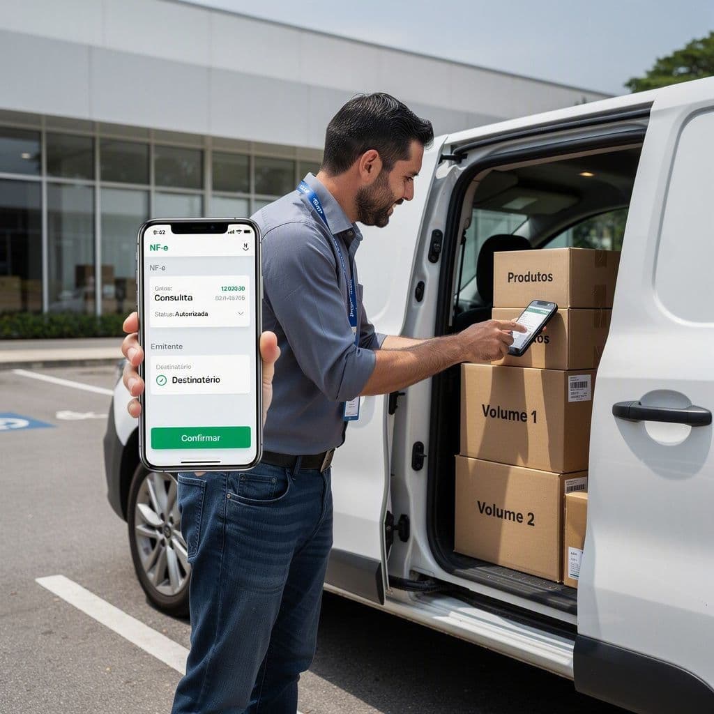 Vendedor externo confirmando NF-e pelo celular durante entrega