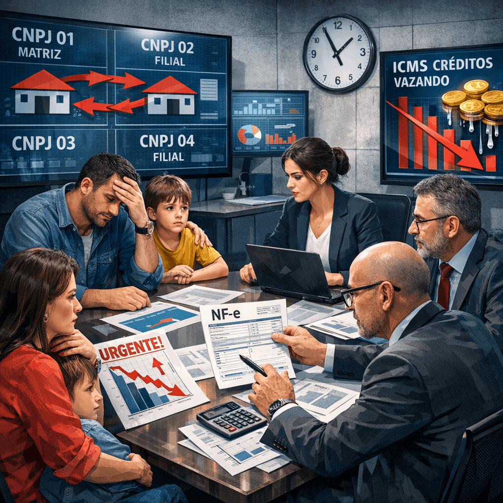 Gestores fiscais de grupo empresarial analisando conflitos entre NF-e e créditos compartilhados de múltiplos CNPJs
