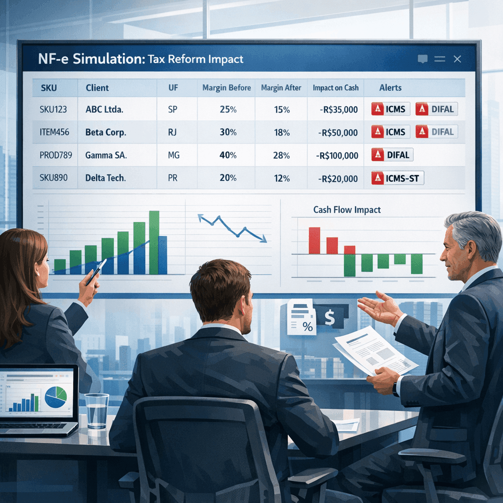 Dashboard de simulador da reforma tributária mostrando impacto por NF-e, SKU, cliente e UF no caixa da empresa