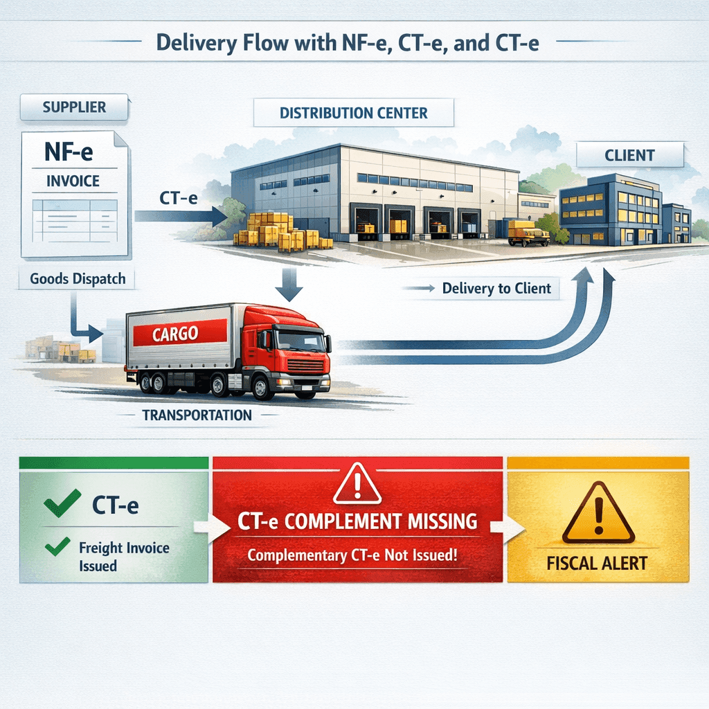 Fluxo logístico com NF-e e CT-e destacados, mostrando ausência de documento complementar em transporte