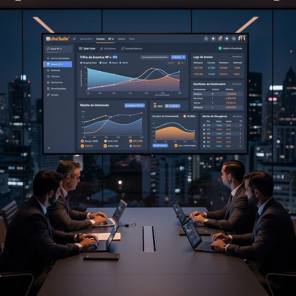 Equipe fiscal analisando dashboard de auditoria de notas fiscais