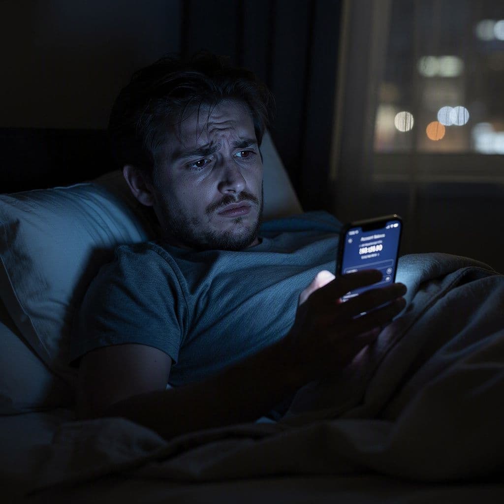 Pessoa autônoma olhando o celular de madrugada com preocupação financeira