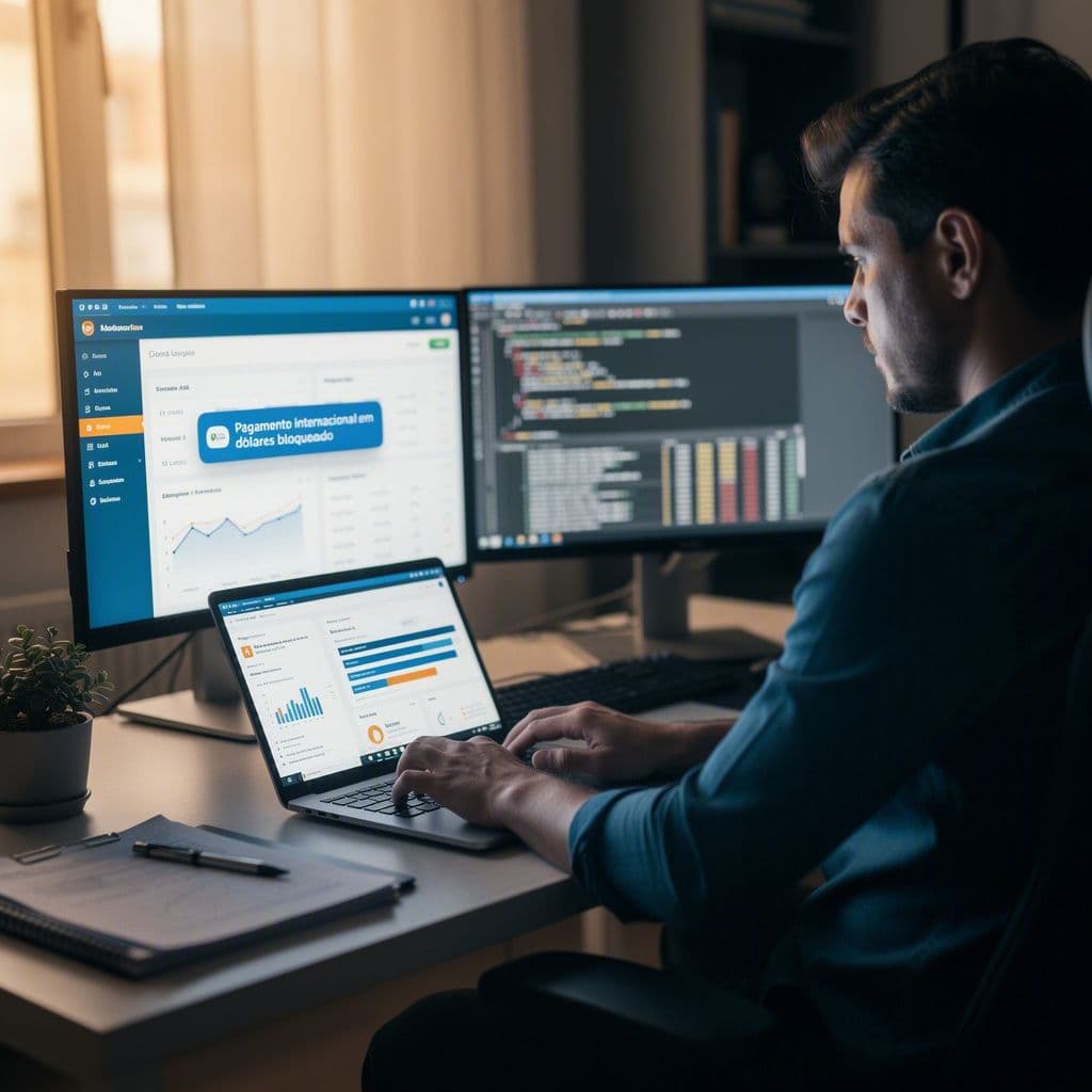 Freelancer MEI analisando XMLs fiscais para liberar pagamento internacional em dólar