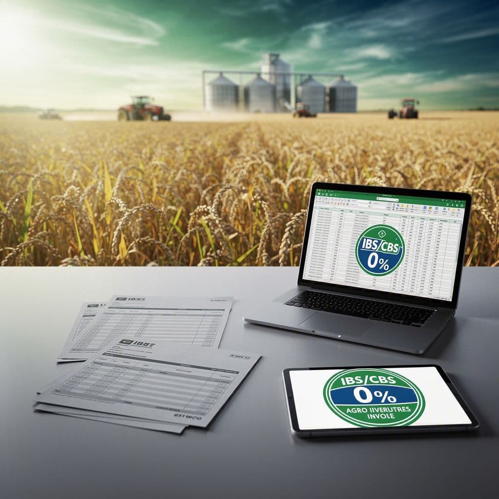 Produtor rural e contador analisando insumos agro com IBS e CBS zero em painel fiscal