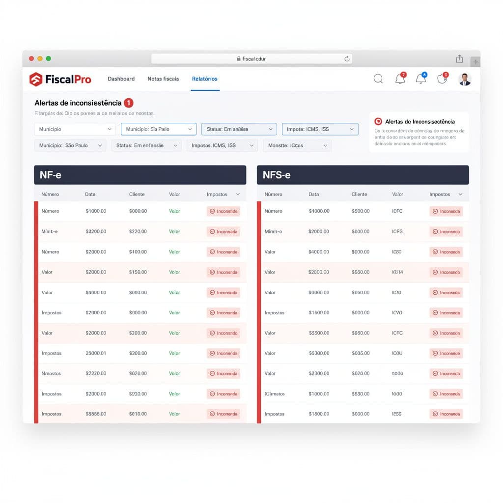 Dashboard fiscal separando NF-e e NFS-e com alertas de inconsistência