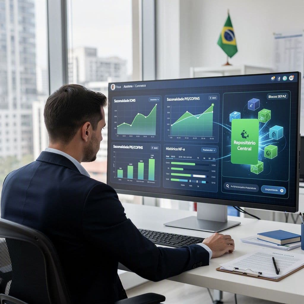 Gestor financeiro analisando histórico de NF-e e previsão de impostos em dashboard.
