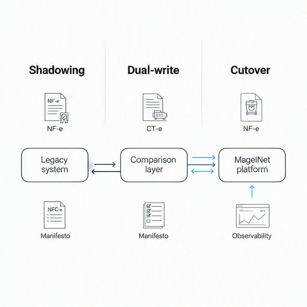 Diagrama de migração em fases com shadowing, dual-write e cutover