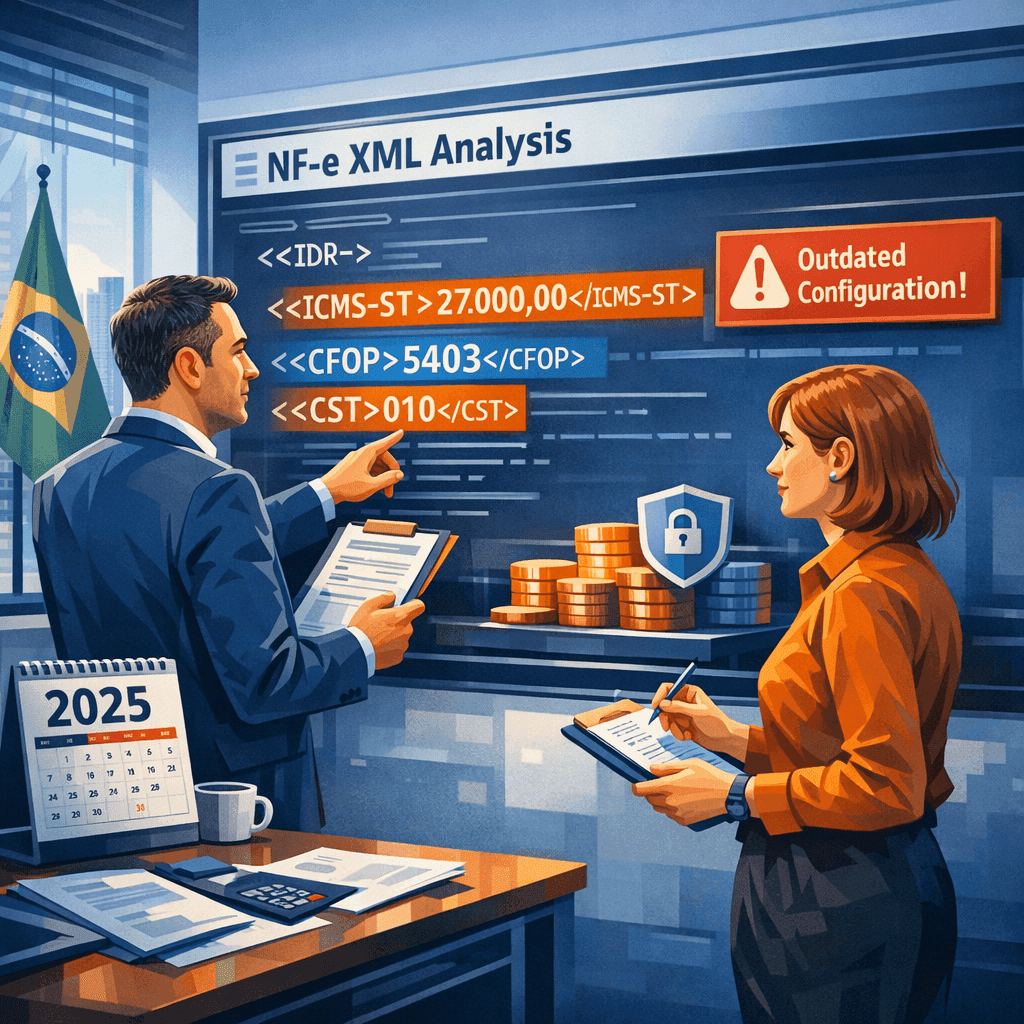 Equipe fiscal analisando NF-e com alerta sobre ICMS-ST interno em 2025