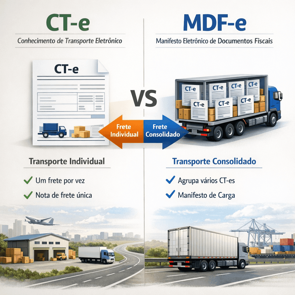 Comparação visual entre CT-e individual e MDF-e consolidando vários documentos em uma viagem