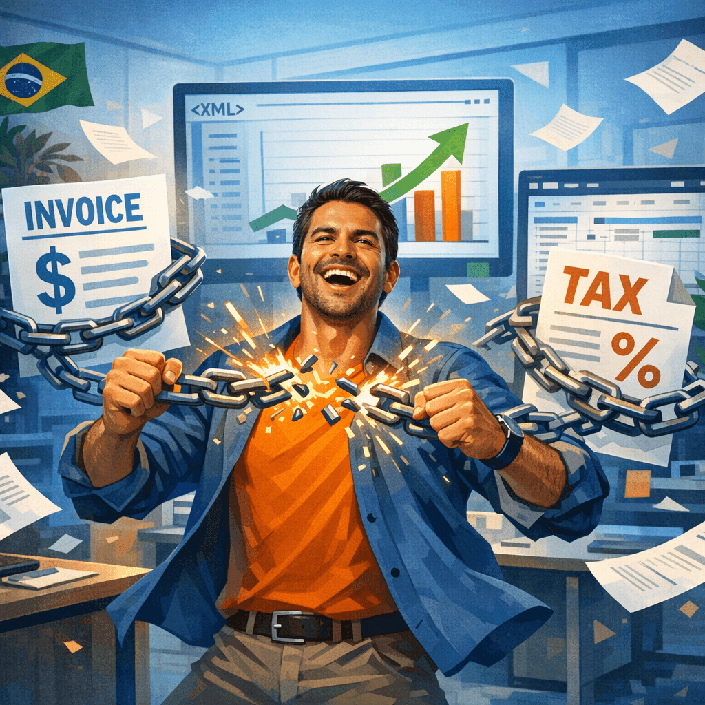 Empresário de PME rompendo correntes que prendem o acesso ao histórico de notas fiscais e ao caixa