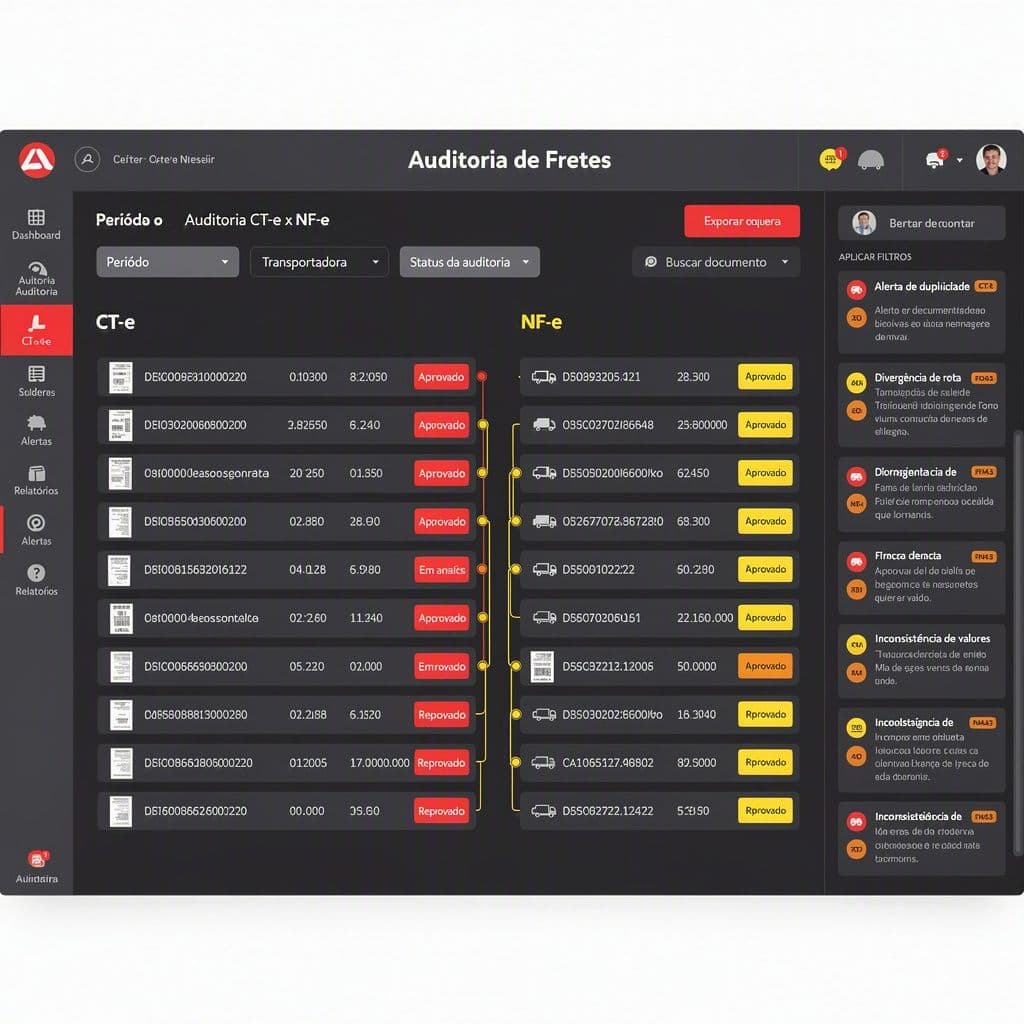Painel com cruzamento de CT-e e NF-e mostrando alertas de duplicidade e divergência