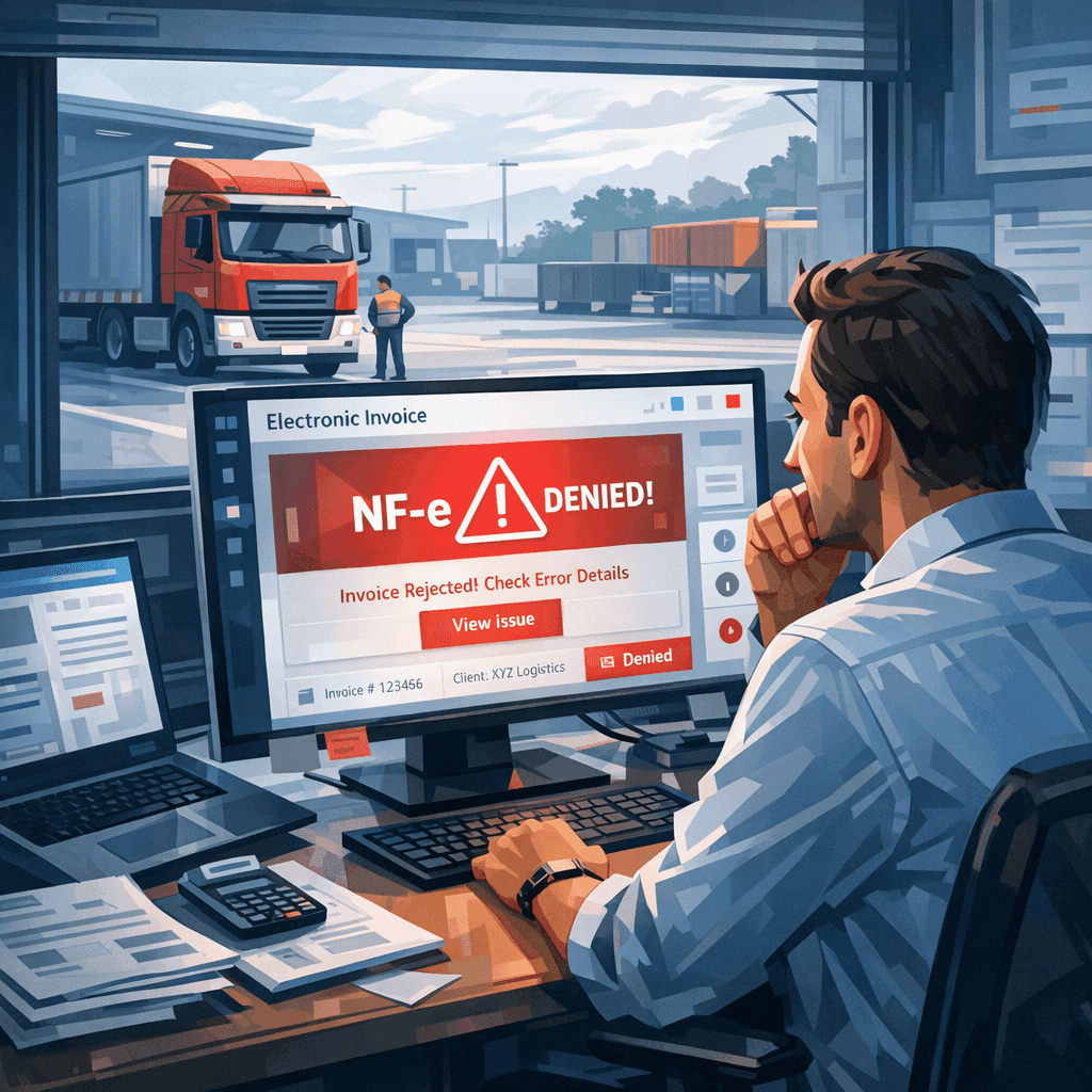 Analista fiscal verificando alerta de NF-e denegada em painel de controle