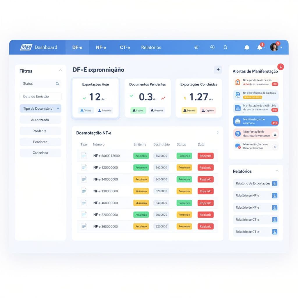 Painel SaaS com NF-e e CT-e de exportação organizados por status
