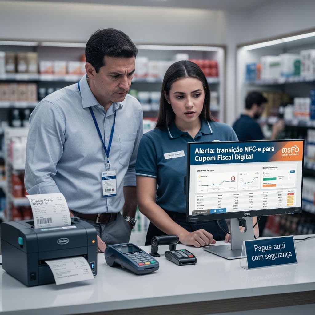 Gerente de PDV analisando a transição da NFC-e para o Cupom Fiscal Digital no caixa de uma loja