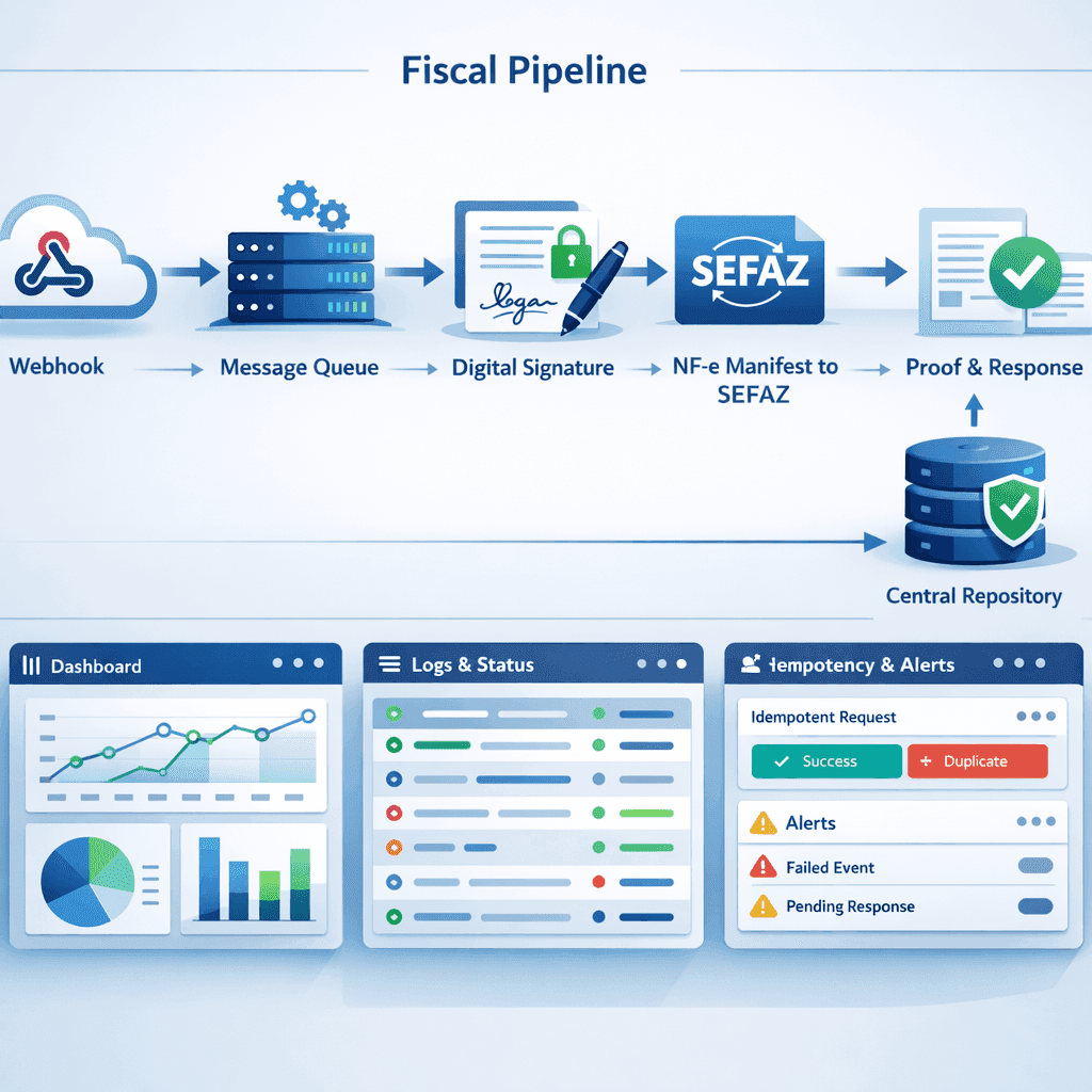 Pipeline técnico de manifestação do destinatário com webhook, fila, API, comprovante e repositório central