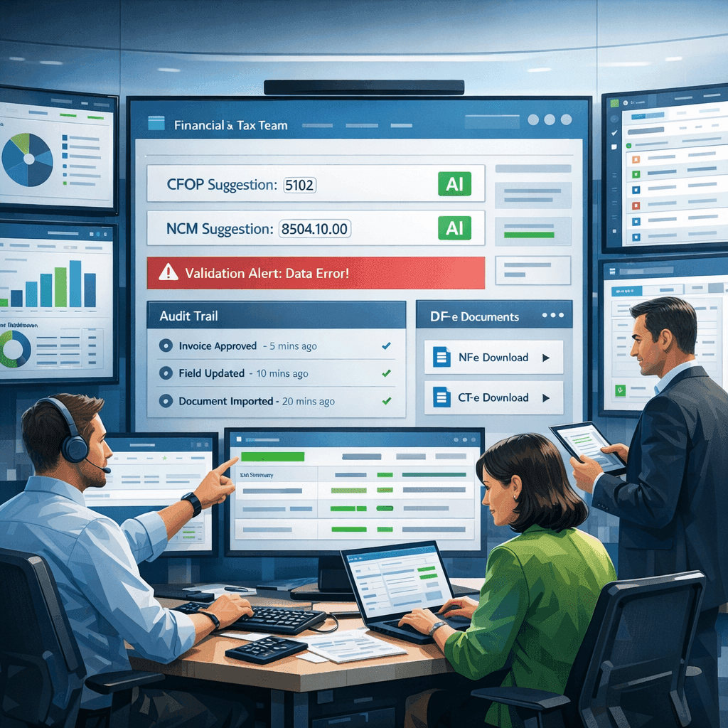 Equipe financeira usando sistema com telas personalizadas e IA para reduzir retrabalho fiscal