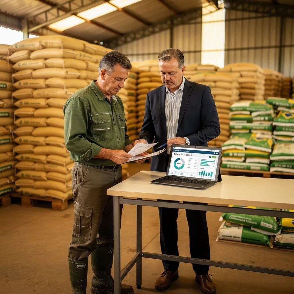 Produtor rural e contador analisando créditos tributários de insumos agro em sistema fiscal.