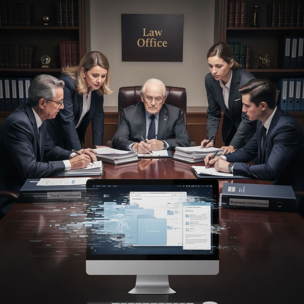 Família empresária analisando documentos fiscais durante inventário com urgência para recuperar XMLs