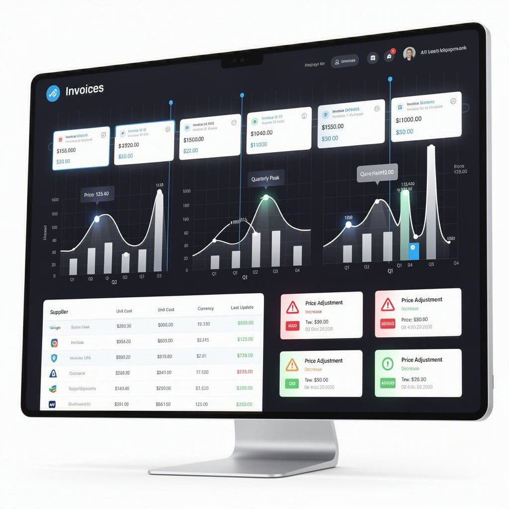 Dashboard com linha do tempo de notas fiscais e picos de reajuste por fornecedor.