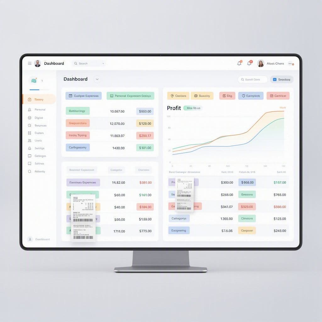 Rotina simples de separação financeira em tela de computador com categorias pessoais e empresariais
