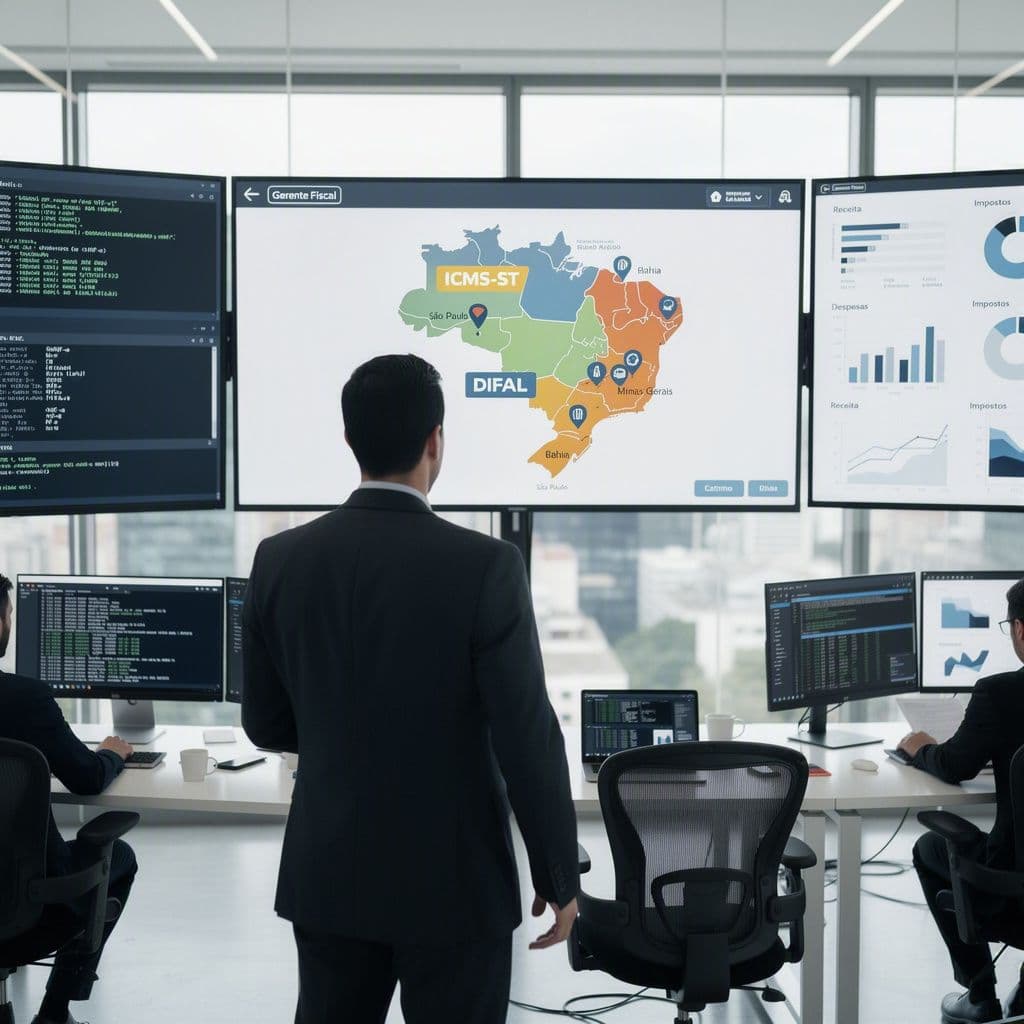 Gestor fiscal analisando painel com filiais em estados diferentes e alertas de divergência de ICMS