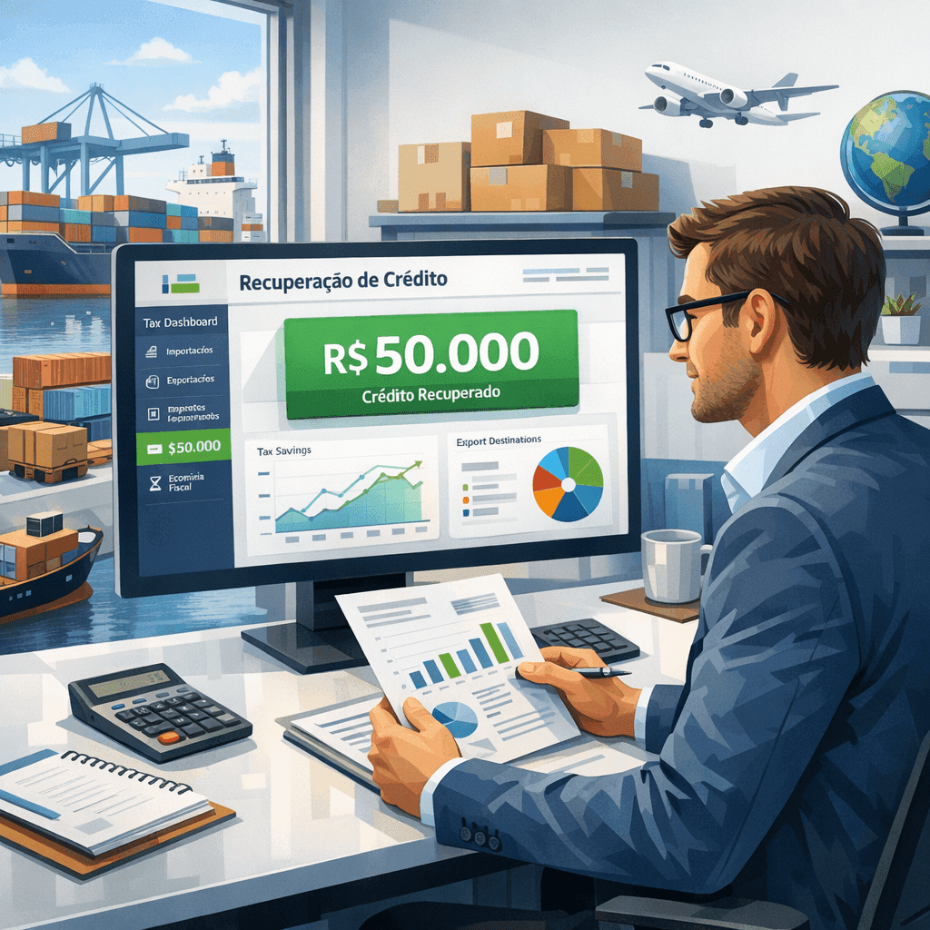 Gestor fiscal de PME revisando recuperação de drawback de cinquenta mil reais