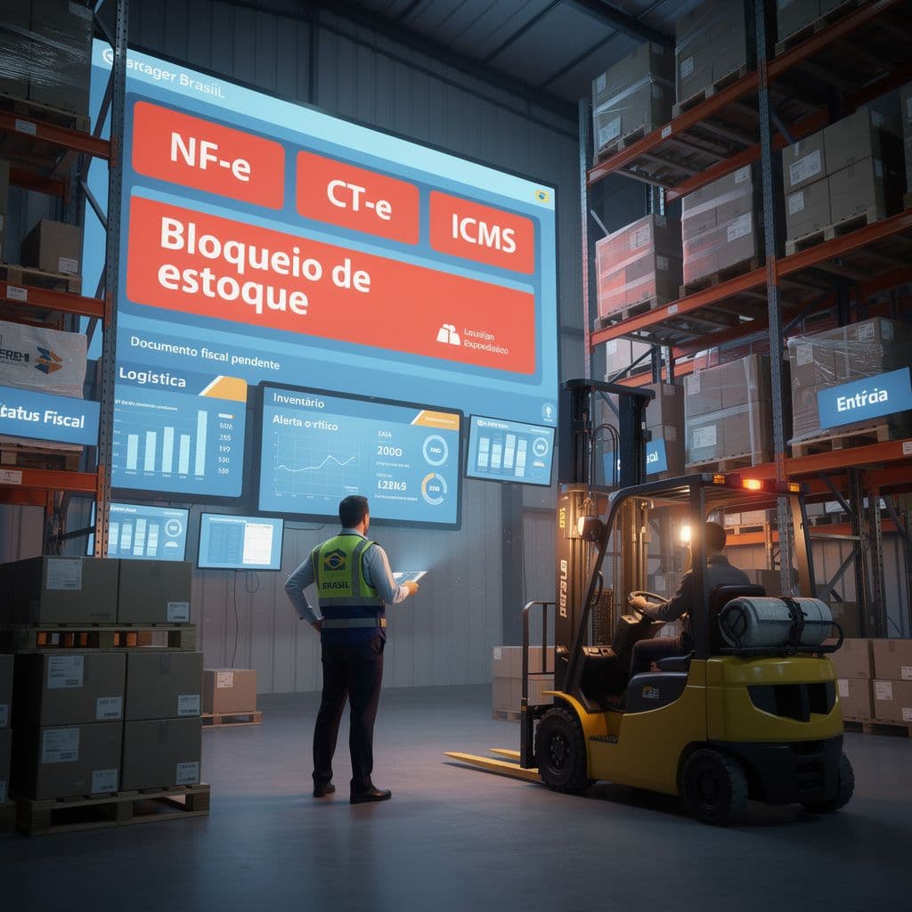Gestor de logística em depósito analisando NF-e e alertas fiscais com estoque parado